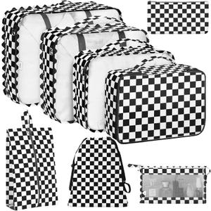 KPX 8 Set Packing Cubes for Travel, Luggage Packing Organizers Accessories Large Toiletries Bag for Clothes Shoes Cosmetics (8Set-Black Checkered)
