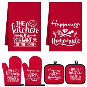 Sratte 6 Pcs Kitchen Decor Accessories Set Farmhouse Towels Pot Holders Oven Mitts 2 Potholders 2 Cooking Mittens Oven Glove for Christmas Baking Cooking Supply(Red,Kitchen)