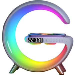 BKDRL Bluetooth Speaker Lamp with Wireless Charger, RGB Night Light, Alarm Clock, App Control - White