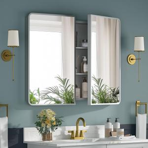 Bathroom Medicine Cabinet with Mirror 24x30Inch, Silver Medicine Cabinet Recessed or Surface Wall-Mounted, Mirrored Cabinets with Sturdy Metal Adjustable Shelves for Bathroom Vanity