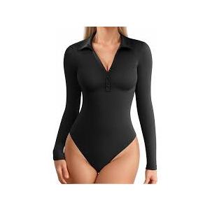 MANGOPOP Henley Bodysuit for Women Button Down Long Sleeve Tops Body Suits Dressy Blouse Casual XL