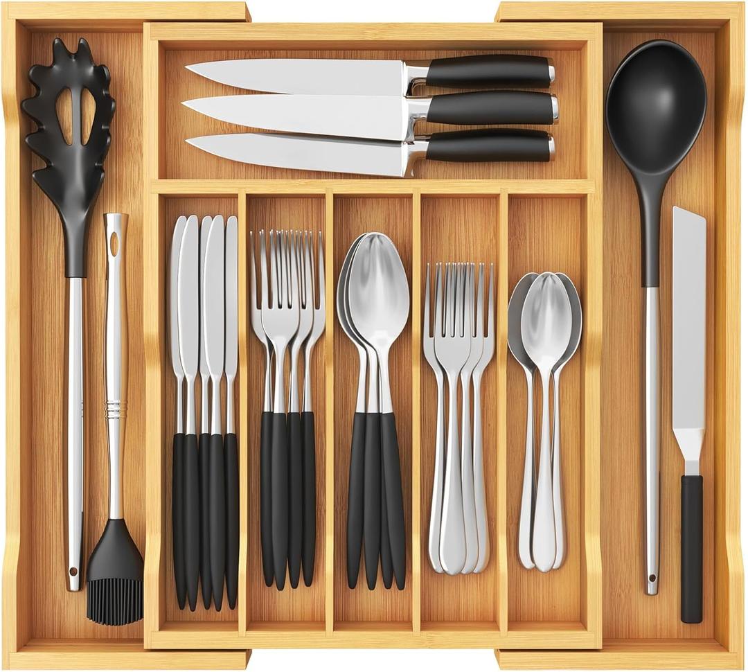 Lifewit Silverware Drawer Organizer, Expandable Utensil Tray for Kitchen, Flatware and Cutlery Holder, Wood Adjustable Storage for Spoons Forks Knives, 13-22x15/ 33-56x38cm, Natural