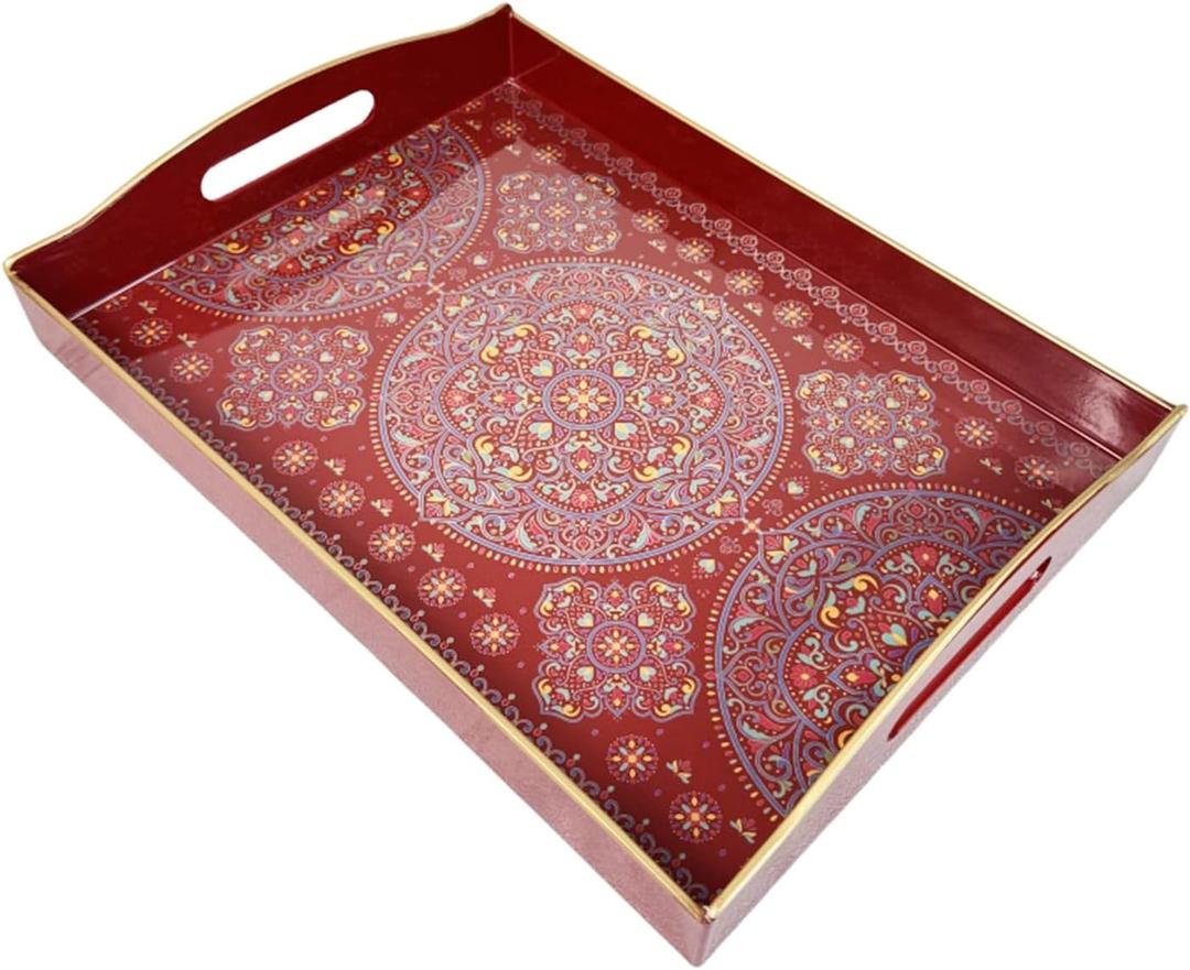 Umisriro Boho Red Decorative Tray, Serving Tray with Handles, Plastic Tray for Coffee Table, Ottoman  Ideal for Living Room & Bathroom. 15” x 11” x 2.5”