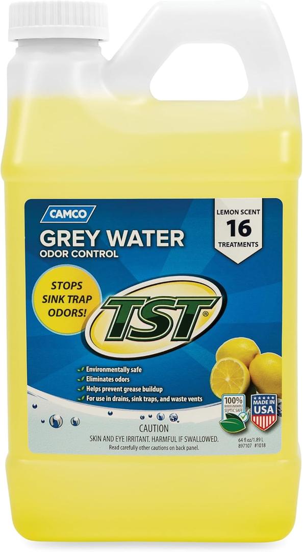 Camco TST Camper/RV Grey Water Odor Control - Removes Grease Buildup in Gray Water Tank, Sink & Shower Drains - 4oz Treats 40-Gal Holding Tank - Safe Septic Tank Treatment - Lemon, 64 oz (40256) (64 Fl Oz (Pack of 1)