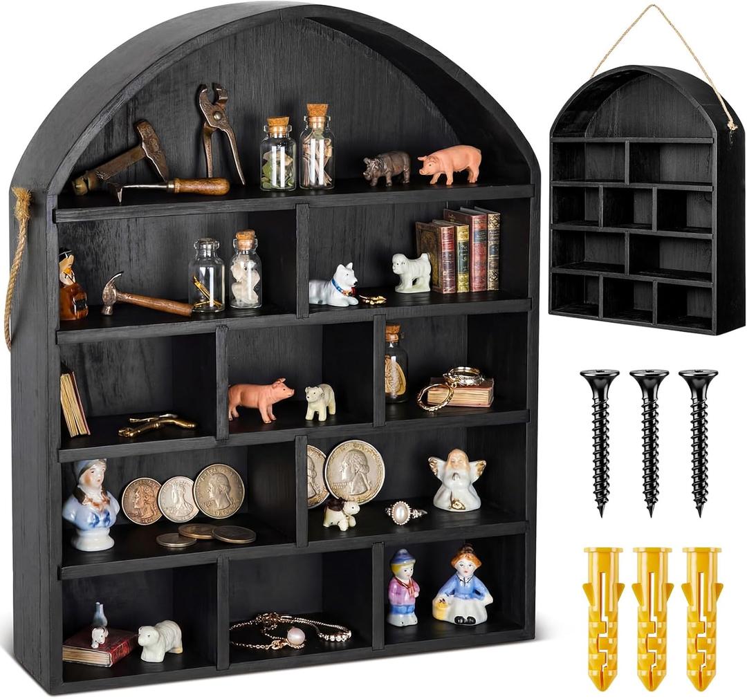 16x20 Arch Shaped Extra Deep Wooden Shadow Cubby Box Depth 4.7'' Rustic Trinket Display Floating Shelf with Removable Shelf Rope Wall Mounted Freestanding for Miniature Figures Curio(Black)