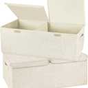 2 Pack Large Storage Boxes with Lids and Handles, Collapsible Linen Storage Bins Organizer Containers Baskets Cube with Removable Divider for Home Bedroom Closet Office (Cream, Small)