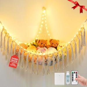 Stuffed Animal Hammock with 75LEDs, Extra Large 55in Toy Storage Macrame Hammock, Hanging Toy Net for Kids Bedroom Doll Room Corner Organizer, USB Plush Toy Hammock with Remote(XL) (Beige)