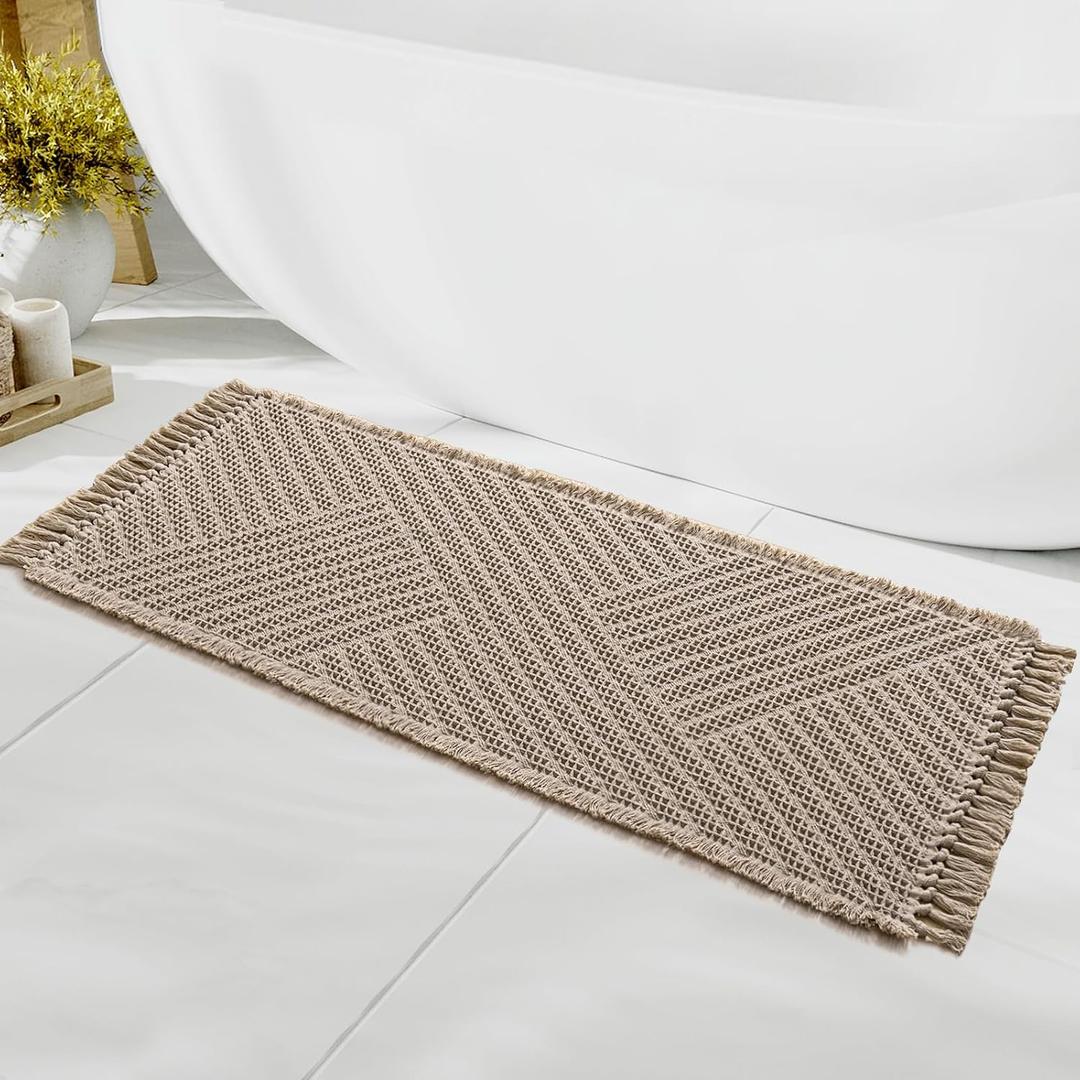 H.VERSAILTEX Waffle Bath Runner Rug Long Bath Mat Super Absorbent Boho Bath Rugs Non Slip Bath Runner for Bathroom Floor Machine Washable Dry Fast Bathroom Rugs with Tassels, 24" x 60", Irish Cream