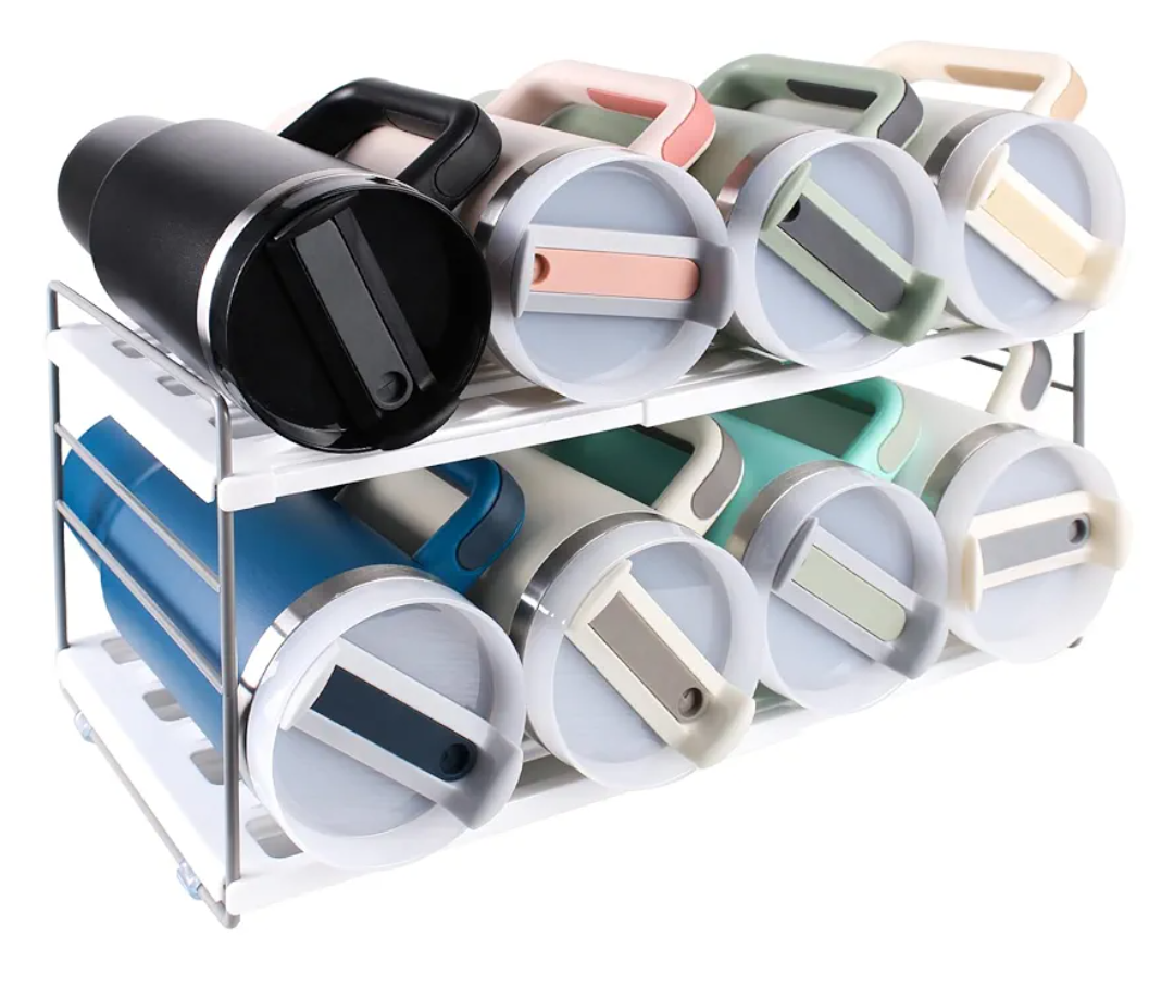 Cup Organizer 40 oz Compatible With stanley,Extendable Cup Storage Organizer,2 Tier Plastic Transparent Cup Organizer For Cabinet Organizer,Holds Up To 8 Bottle 40oz, white