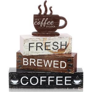 Geelin 4 Pcs Coffee Bar Decor Wood Blocks Mini Coffee Bar Wooden Signs Book Stacks Accessories Rustic Table Sign Farmhouse Tiered Tray Decor for Home Table