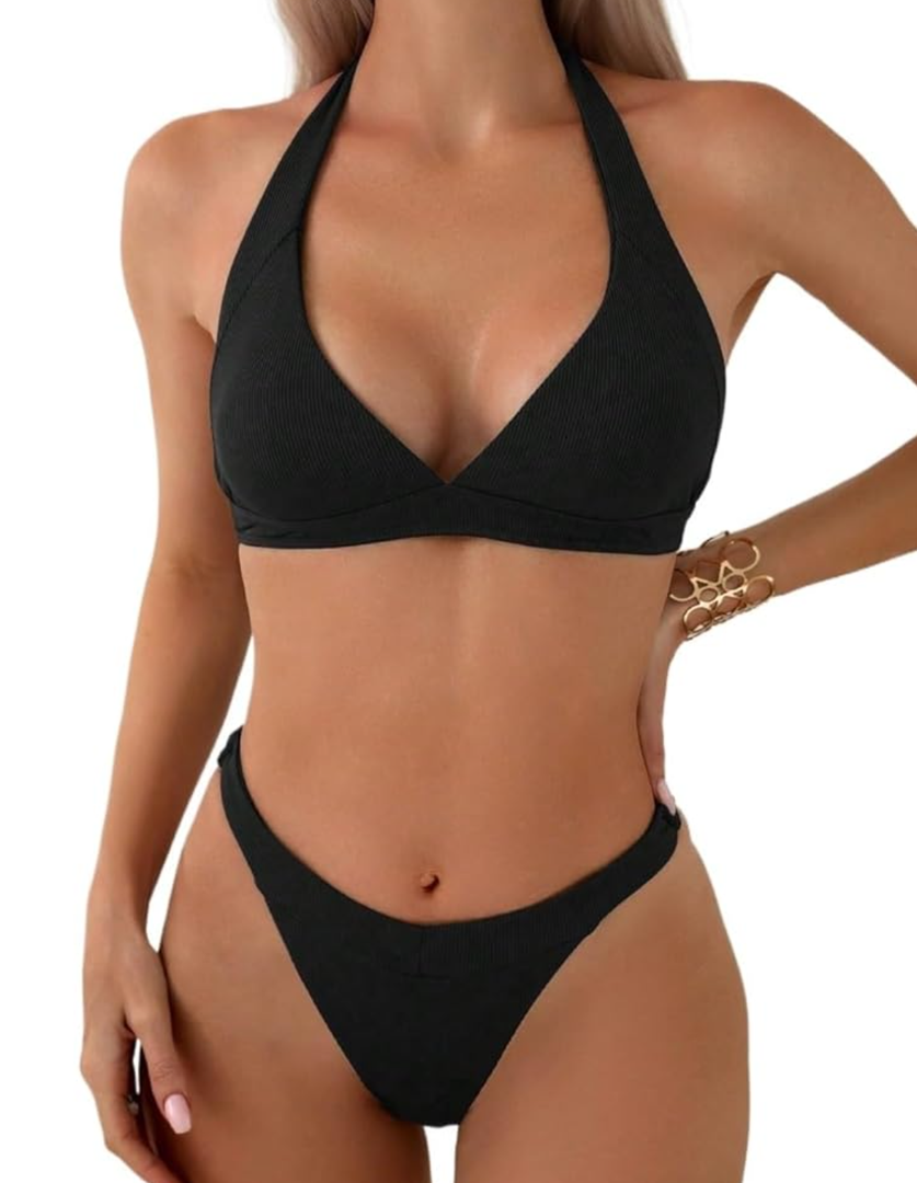 Bikini Set for Women Solid Color Halter Neck Strap Swimsuit Set, M