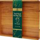 Solid Teak Wood Serving Tray with Handles, 17"x13"x2" Rectangular Ottoman Tray for Living Room Kitchen Party, Rustic Decorative Tray for Home Coffee Table Breakfast Dinner Bar