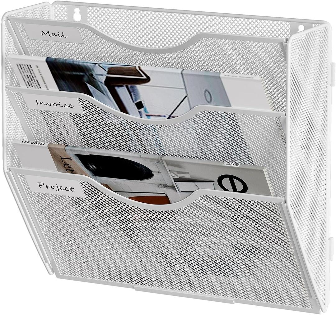 File Folder Organizer, 3-Tier Mesh Hanging Wall File Holder, Magazine Rack, Wall File Organizer With Pockets, Metal Document Organizer, Mail Organizer Wall Mounted for Office Home, White