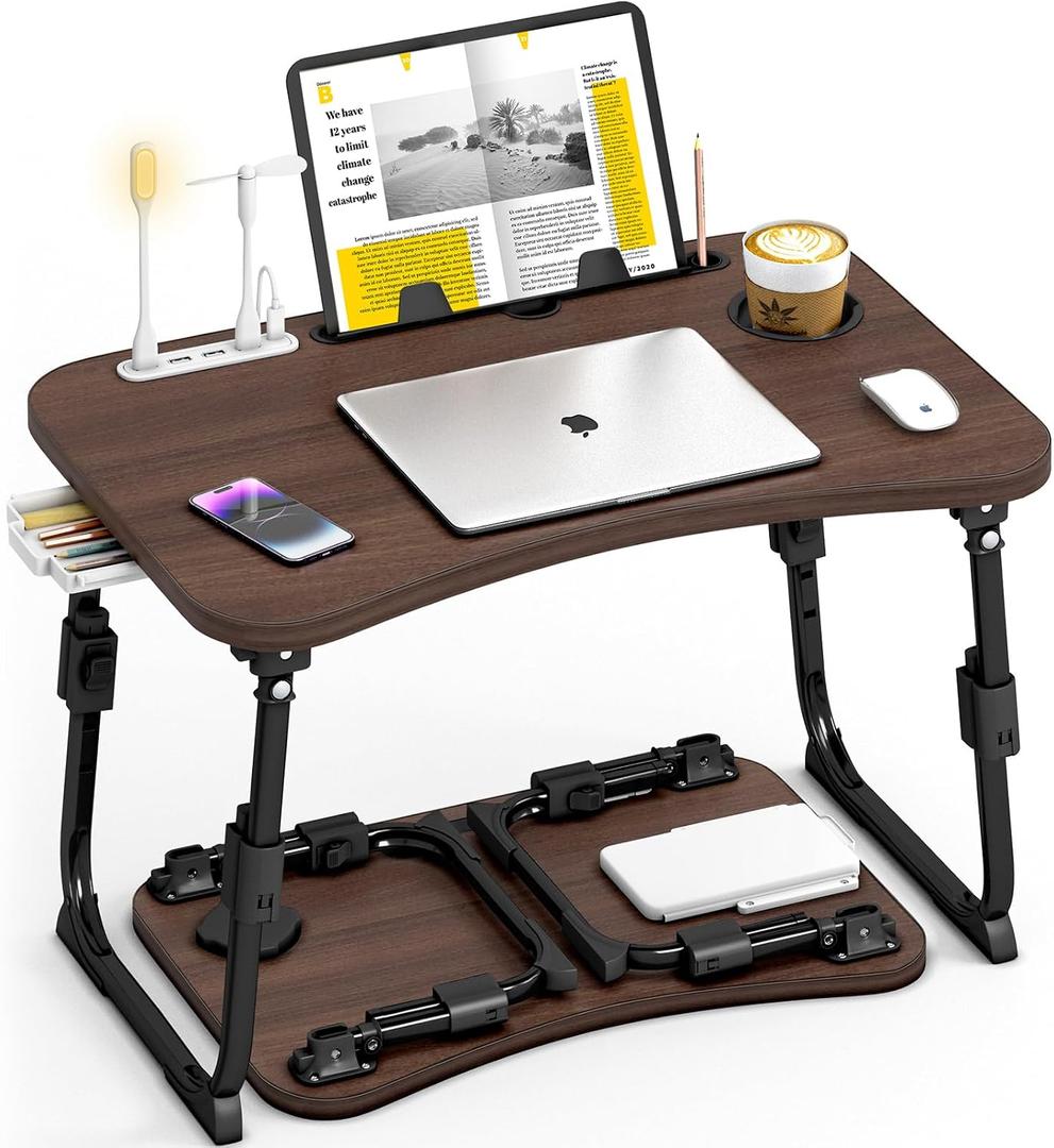 Lap Desk for Bed Adjustable Height, Foldable Bed Table with Storage Drawer, Tablet Slot & Cup Holder, Portable Laptop Stand for Bed & Sofa, Bed Desk for Adults & Kids, Walnut