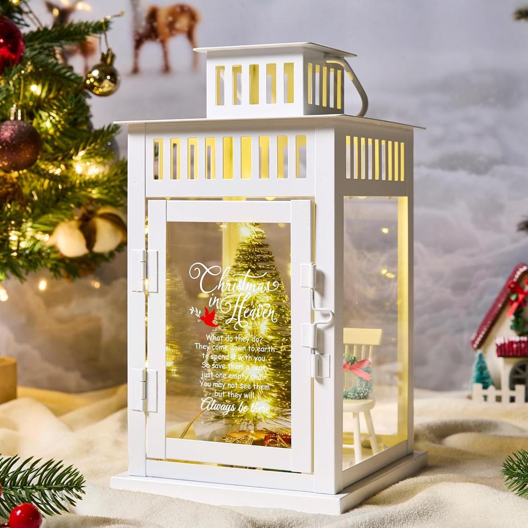 WOODEXPE Christmas in Heaven Memorial Lantern with Christmas Ornaments Set Memorial Gift for Loss of Loved One