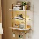 Bestier 24 Floating Shelves with LED Lights for Wall, 3 Tier Wall Mounted Glass Shelves with 8 Hooks, Coffee Bar Shelf Hanging Display Rack for Living Room Kitchen Bathroom, White & Gold