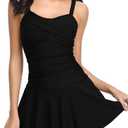 SHEKINI Women's Crossover Ruched Skirt One Piece Swimdress Swimsuit Bathing Suit (Large, Manhattan Black)