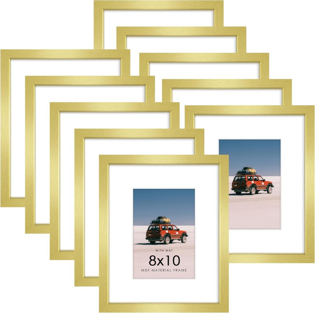 8x10 Picture Frame Sef of 10, Display Pictures 5x7 with Mat or 8 x 10 Without Mat, Photo Frame Collage for Wall Gallery Decor, Hanging or Tabletop Display, Gold