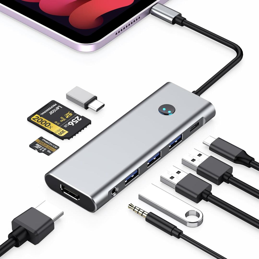 USB C HUB for iPad Pro Adapter 4K 60Hz HDMI, 100W PD, SD/TF Card Reader, 3 USB A Port, 3.5mm Audio Jack, 9 in 1 USB C Dock for iPad Air/Galaxy Dex/Tablet/MacBook/iMac/iPhone 17/Steam Deck/HP/Dell