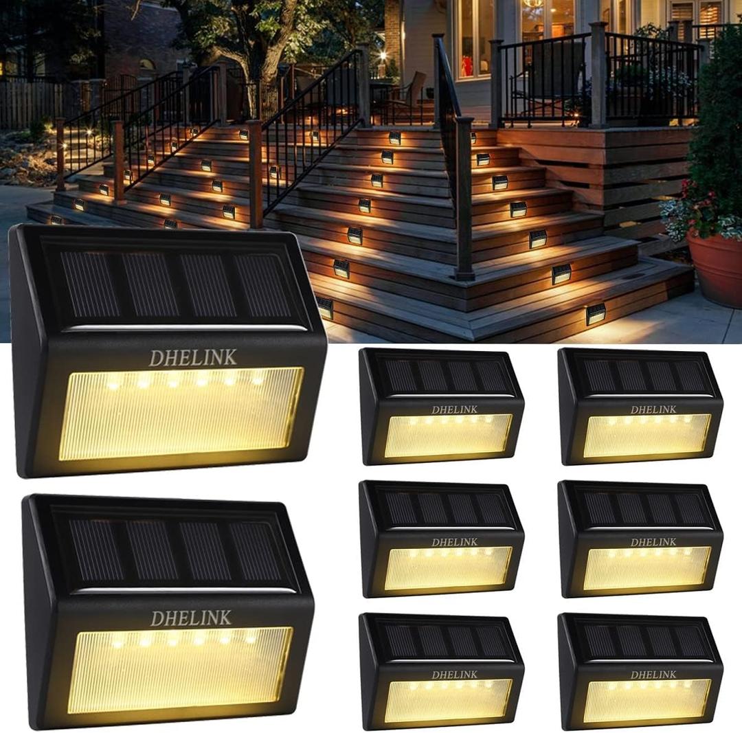8 Pack Solar Deck Lights Outdoor Waterproof, 6 LED Solar Step Lights, Warm White Auto On/Off Solar Powered Lights for Stairs, Fence, Yard, Patio, Walkway & Garden