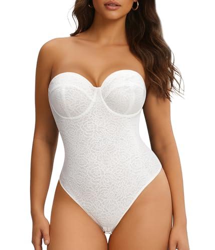 Nebility Strapless Shapewear for Women - Thong Bodysuit Tummy Control Lace Corset Tops Underwire with Removable Strap Large