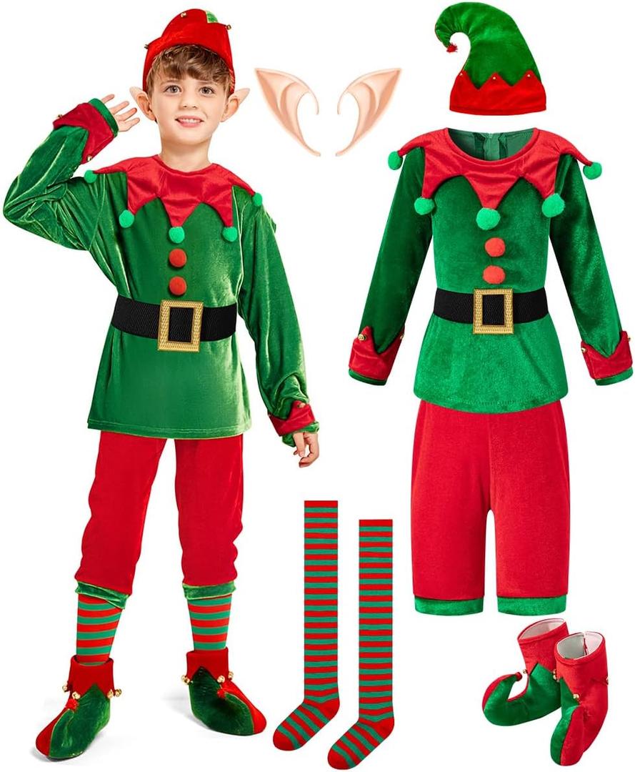 IWALUE Kids Boys Christmas Elf Costume Pants Set Santa's Helper Xmas Outfit with Hat Ears Belt Socks Shoes (9-10 Years, Green)