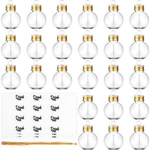 24 Pieces Christmas Booze Balls Christmas Fillable Booze Tree Ornaments Clear Plastic Round Pendant Ball with Stickers for Holiday Wedding Party Decor, Gold