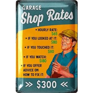 LANOLU Mechanic Hourly Rate Sign, Funny Man Cave Gifts for Garage, Shop Signs For Workshop, Funny Garage Signs for Men, Metal Signs Vintage 12x8", Set of 2