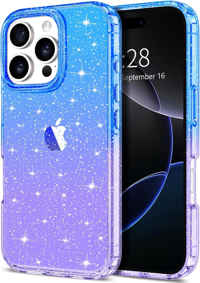Hython for iPhone 16 Pro Case Glitter, Clear Glitter Sparkly Shiny Bling Sparkle Cute Cover, Anti-Scratch Soft TPU Slim Fit Shockproof Protective Phone Cases for Women Girls, Gradient Blue/Purple