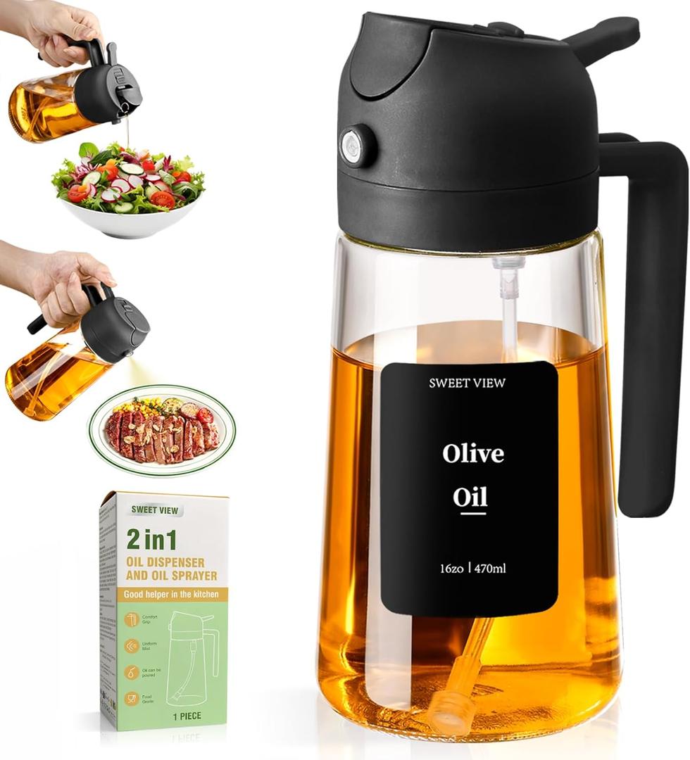 SWEET VIEW Olive Oil Sprayer for Cooking, 16oz/470ml Glass Oil Dispenser/Pour Bottle, Kitchen Accessories, Kitchen Gadgets for Air Fryer, Salad, BBQ, with Stickers (Black)