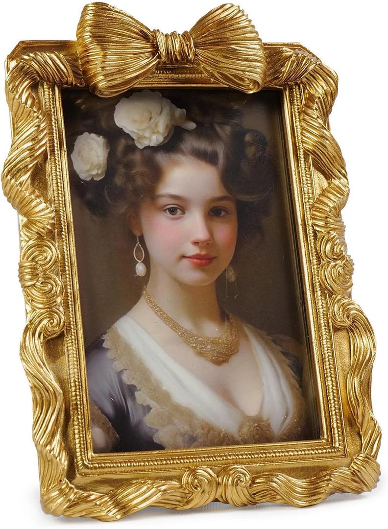 Cuspin 4x6 Picture Frame Gold Bow Frames, Vintage 4 by 6 Photo Frame with Bowknot Design, Ornate Handcrafted Resin Antique Frame with Glass Front for Wall and Tabletop Display, Home Decor, Gift Ideas
