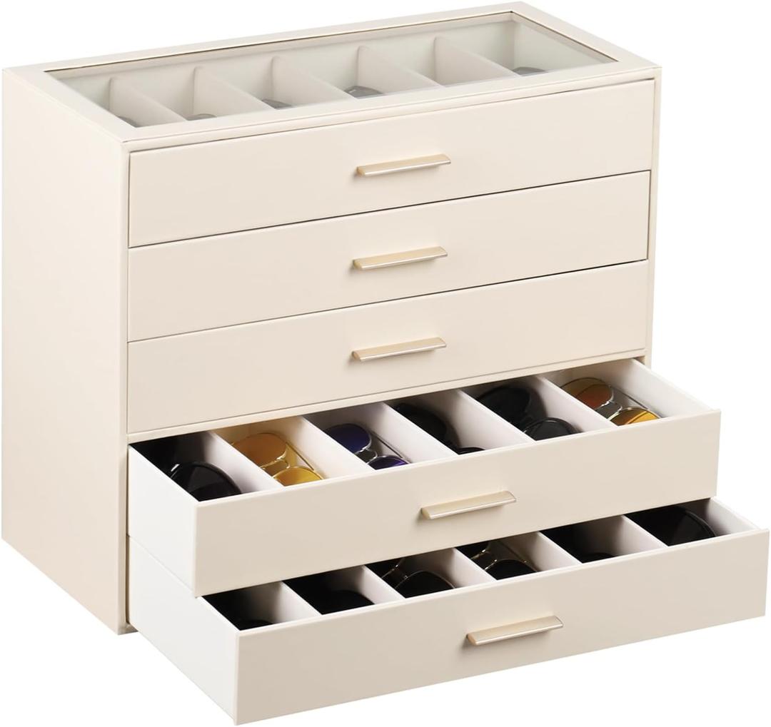 AUTORK PU Leather Sunglasses Organizer Case with Lock,5-Layer 30-Slot Eyeglass Display Box with Drawer,Glass Top Jewelry Storage Holder for Men Women,Ideal Gift for Desktop,Beige,MKAWD02