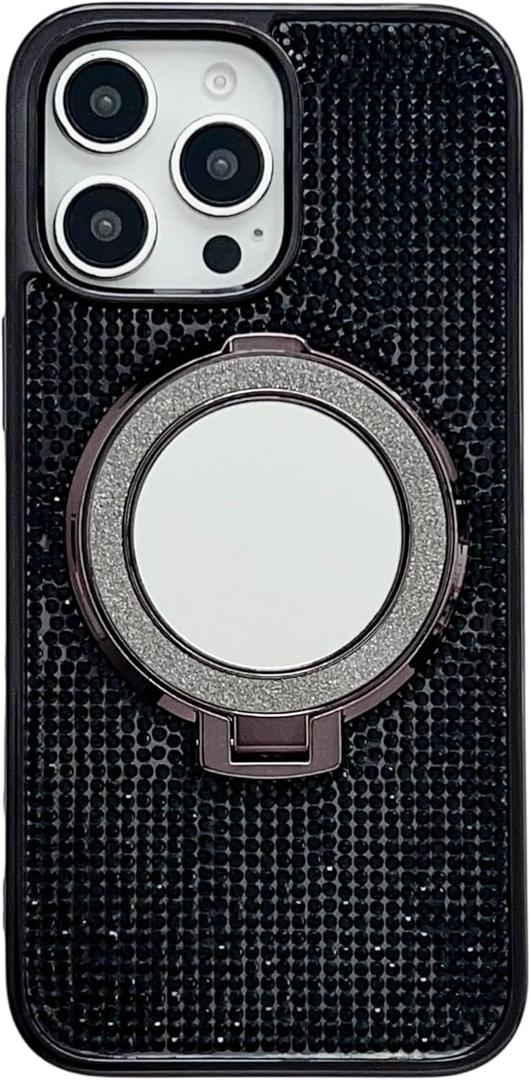 Caseative for iPhone 16 Pro Max Case,Glitter Bling Diamond Mirror with Stand Holder Magnetic Compatible with MagSafe Wireless Charging (Black,16 Pro Max)