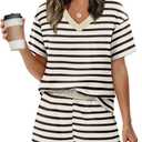 XIEERDUO Lounge Sets for Women Shorts Lightweight Summer Pajamas Set Sleepwear 2 Piece Sets Airport Vacation Outfits (Large, Black Stripes)