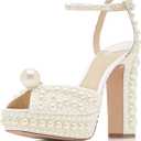Goolita Womens Open Toe Pearl Platform Heels For Women Chunky Buckle Ankle Strap Wedding Heeled Sandals Dress Evening Bride Bridal Shoes (7, Apricot)