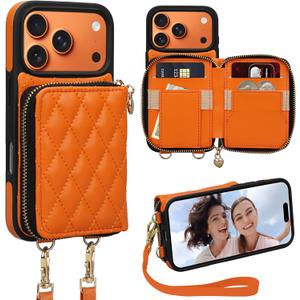 Keallce for iPhone 17 Pro 6.3'' Wallet Case, Crossbody Zipper Purse with Wristlet for Women, RFID Blocking Card Holders, Flip Leather Case for iPhone 17 Pro, Orange