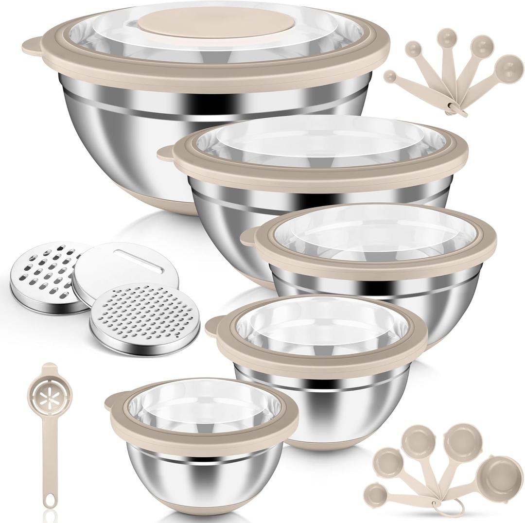 HaWare Mixing Bowls, 24-Piece Stainless Steel Salad Serving Bowl with Airtight Clear Lids, Metal Nesting Bowl For Kitchen Cooking Prepping Storing with 3 Graters, 4.6/2.6/1.5/1/0.7 QT, Khaki
