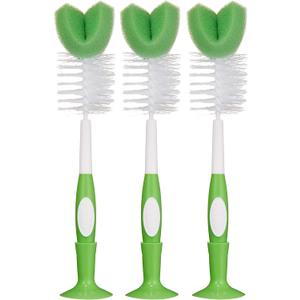 Amazon Brand - Mama Bear Baby Bottle Brush with Nipple Cleaner and Suction Cup Stand, White (Pack of 3)