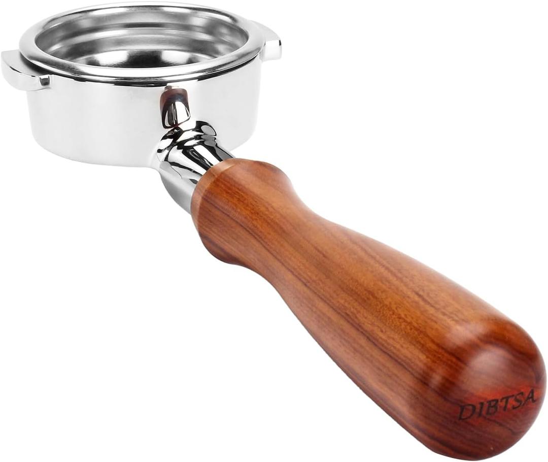 DIBTSA Bottomless Portafilter 58mm Compatible with E61 Group Head, Flair 58, ECM, Rocket, Sanremo, Synesso, Slayer, Espresso Machine Parts, Wooden Handle with 304 Stainless Steel Filter Basket