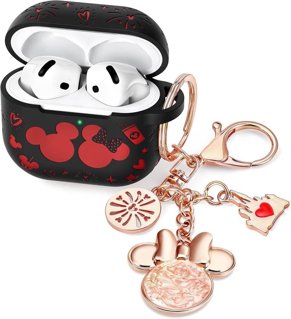 (with Cute Keychain) Girovo Compatible with Apple Airpods 4 Case 2024 Women, Soft Silicone Two-Tone Funny Cartoon Engraved Portable 360 Full Protection Anti-Scratch Air pod 4 Case Black/Red