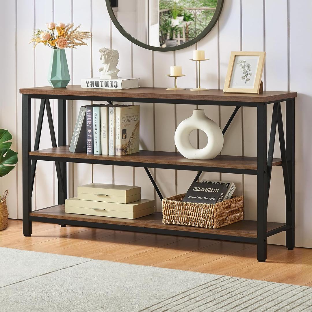 HOMISSUE Entryway Console Table, Rustic Couch with Wide Storage, Industrial Sofa Tables with 3-Tier Open Shelves, Entryway Table for Living Room, Hallway, Brown, 55 Inch