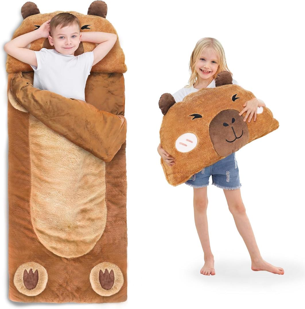 iPlay, iLearn Kid Sleeping Bag, Plush Capybara Slumber Bag, Toddler Girl Boy Nap Mat, 2 In 1 Brown Animal Pillow, Happy Travel Sleepover Daycare Preschool Birthday Gift for Age 3 4 5 6 7 8 10 12 Child