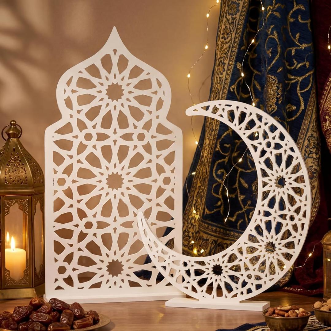 Sintuff 2 Pack Large Wooden Ramadan Decor Islamic Eid Mubarak 3ft Crescent Moon & 4ft Mosque Dome White Floor Decor for Room Entrances Ramadan Kareem Gift Party Home Decoration, Lights Not Included