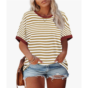 ROSRISS Womens-Plus-Size-Tops Summer Striped Short Sleeve Casual Crewneck Oversized T Shirts Trendy Color Block Basic Tunics