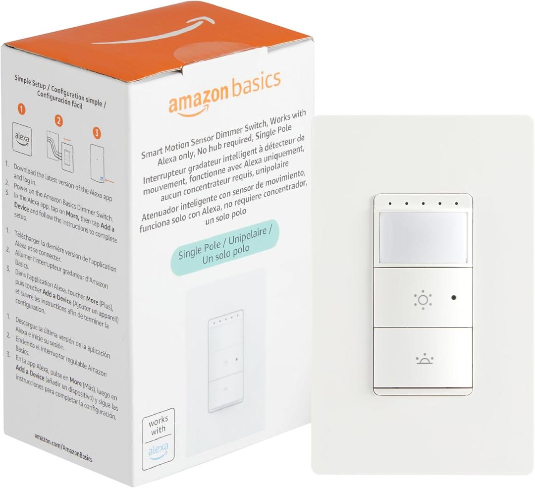 Amazon Basics Smart Motion Sensor Dimmer Switch, Single Pole, Works with Alexa Only, 2.4 GHz Wi-Fi, No Hub Required, 1 Pack, White