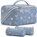 BOYATU Travel Makeup Bag Cosmetic Bags for Women: 3 Pcs Set Portable Make up Bag with Handle - PU Leather Toiletry Bags with Compartments - Makeup Organizer for Travel Essentials (L-2-Blue)