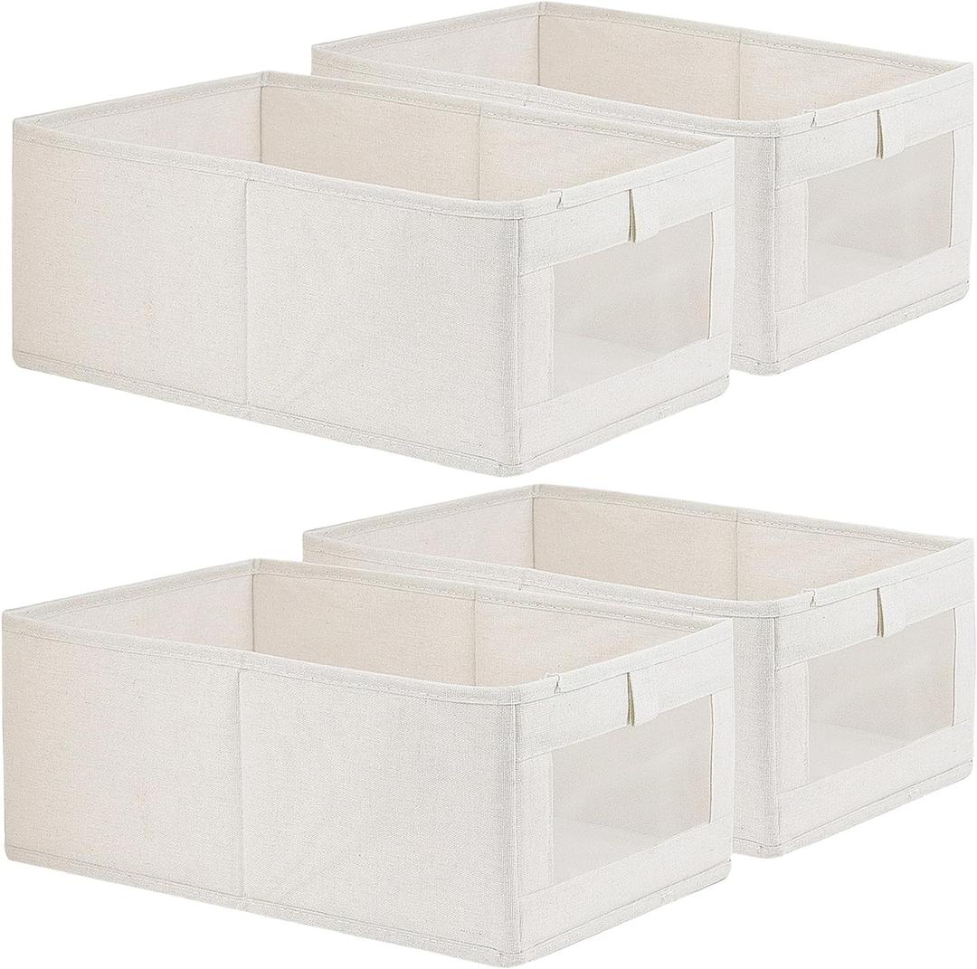 4 Pack Linen Storage Bins, Storage Containers for Organizing Clothing, Jeans, Toys, Books, Shelves, Closet, Wardrobe - Closet Organizers and Storage, Large Storage Boxes Baskets with Window