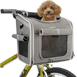 Dog Bike Basket, Expandable Soft-Sided Pet Carrier Backpack with 4 Open Doors, 4 Mesh Windows for Small Dog Cat Puppies - Grey (Grey-Fits 10-18 Lbs)