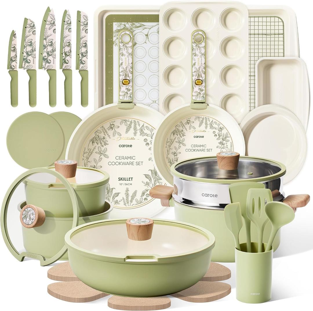 CAROTE 25pcs Ceramic Cookware Sets, Detachable Handle Pots and Pans Set
Non-Stick, Non-Toxic, PFAS Free, Induction Compatible, Dishwasher & Oven Safe, Space Saving, for Camping, House Warming Gift