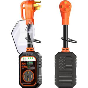 RV Surge Protector 50 Amp Flag Design - Upgraded 16000J Power Surges Voltage Protection Circuit Analyzer IP68 Waterproof Cover for 50A RVS Camper Trailer Must Haves (50Amp, Orange)